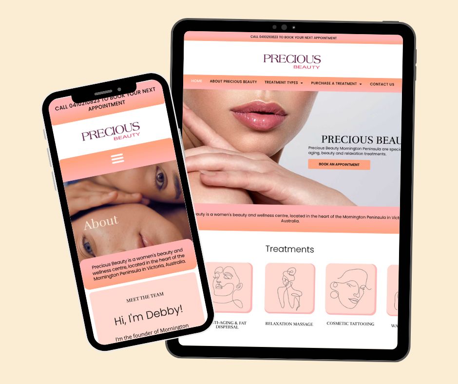 The new Precious Beauty Mornington Peninsula webiste in mobile version. Precious Beauty Mornington Peninsula are specialists in skinscare, anti-aging, beauty and relaxation treatments.